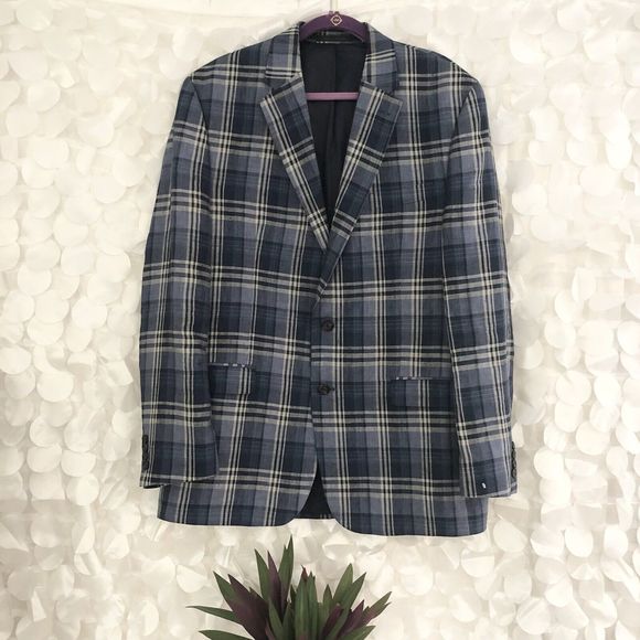 Lauren Ralph Lauren Other - Ralph Lauren Mens Navy Blue Plaid Blazer Sport Coat 100% Linen 2 Button 44 Long